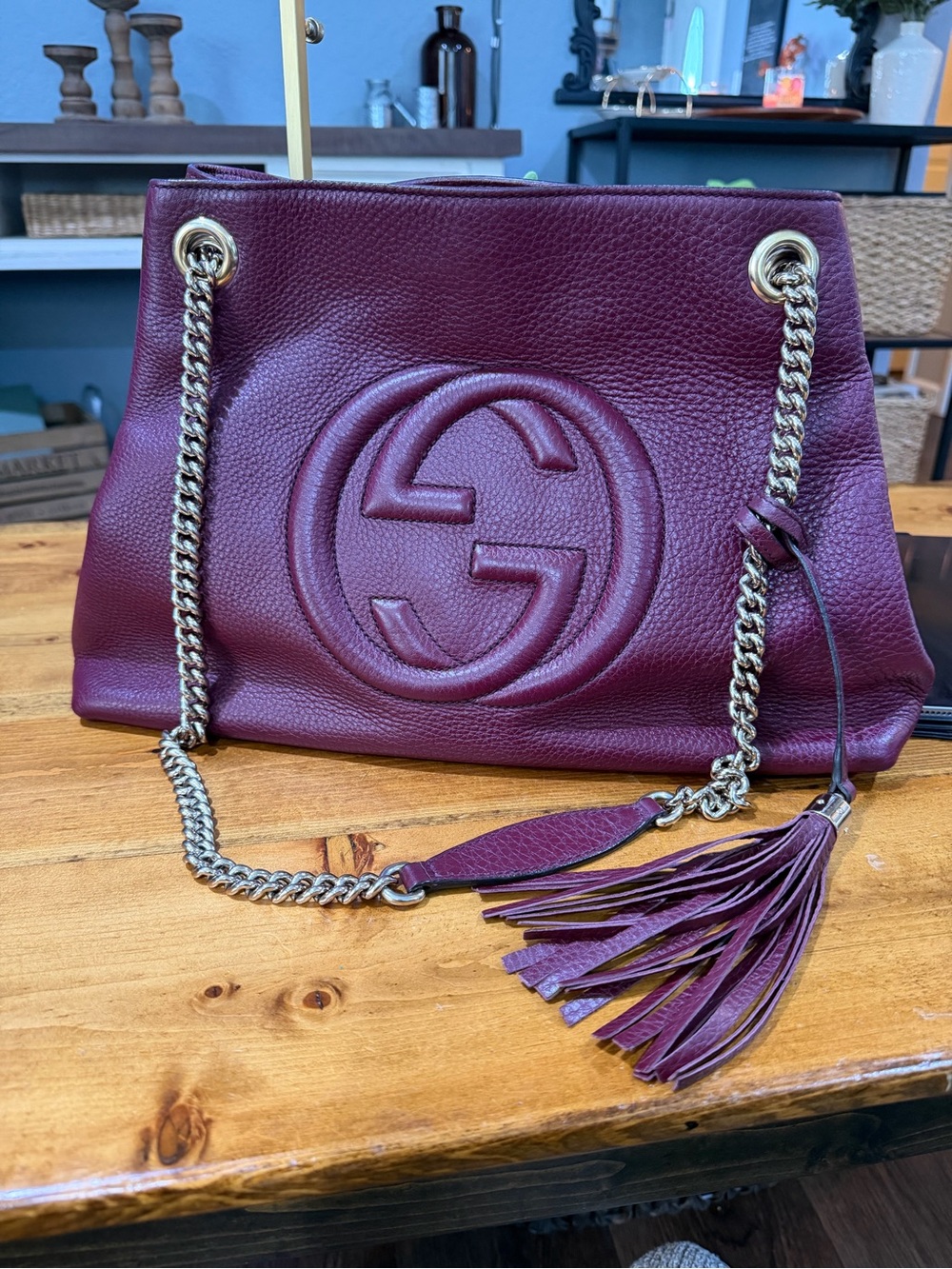 Gucci Soho Burgundy Leather Chain Tote Shoulder Bag Tassel Large